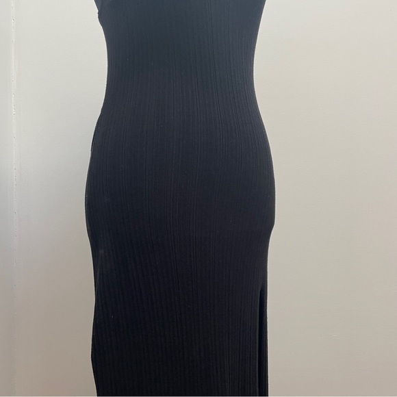Michael Costello x Revolve- Black Variegated Rib Bodycon Dress V Neck Side Slit - Picture 5 of 12
